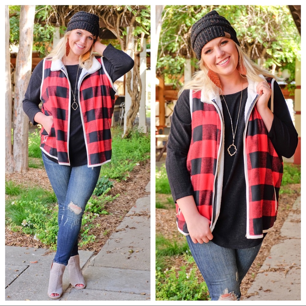 PLUS Red Buffalo Plaid Fleece Lined Vest